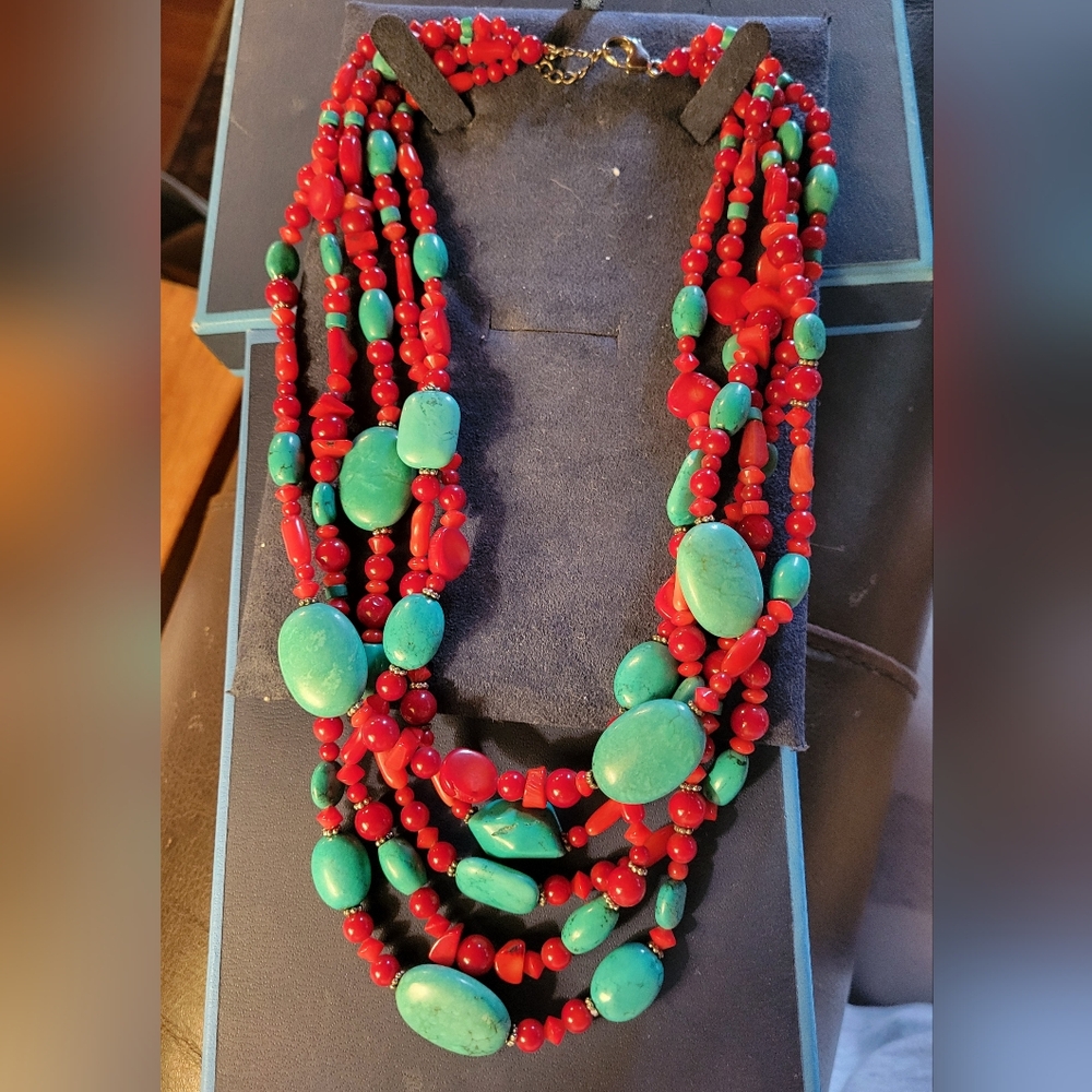 Genuine Coral, Turquoise & Silver Beaded Necklace. - Picture 3 of 6